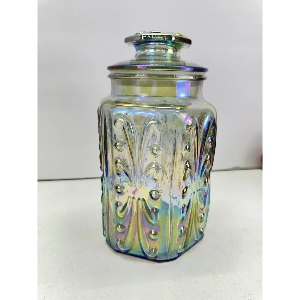 Vintage LE Smith Imperial Atterbury Scroll Canister Jar Iridescent Carnival 9